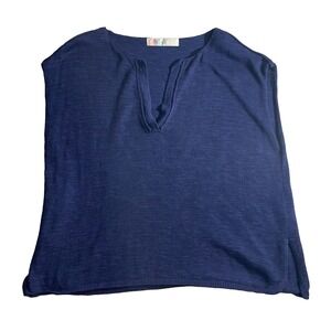 FP Beach Shirt Marina Del Sol XS Navy Free People Knit  V Neck Linen Oversized